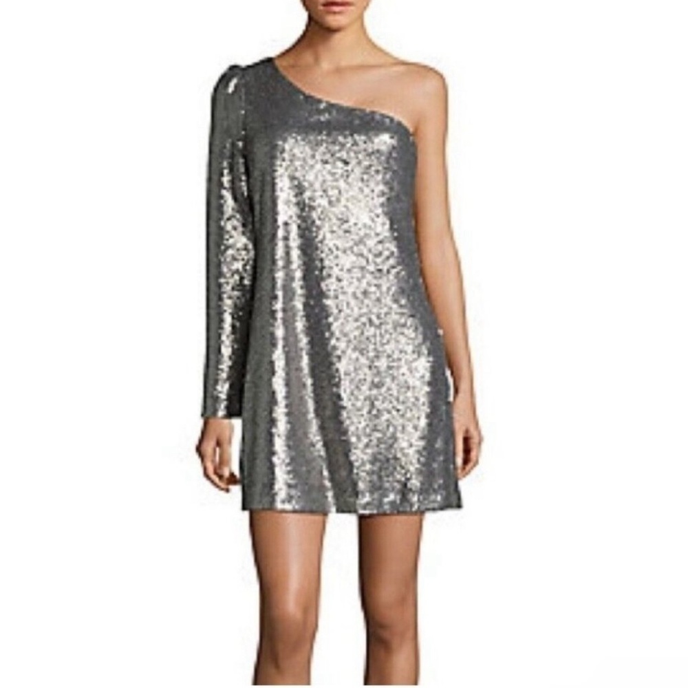 Highline Collective Womens M Cocktail Dress One Shoulder Long Sleeve Mini Silver